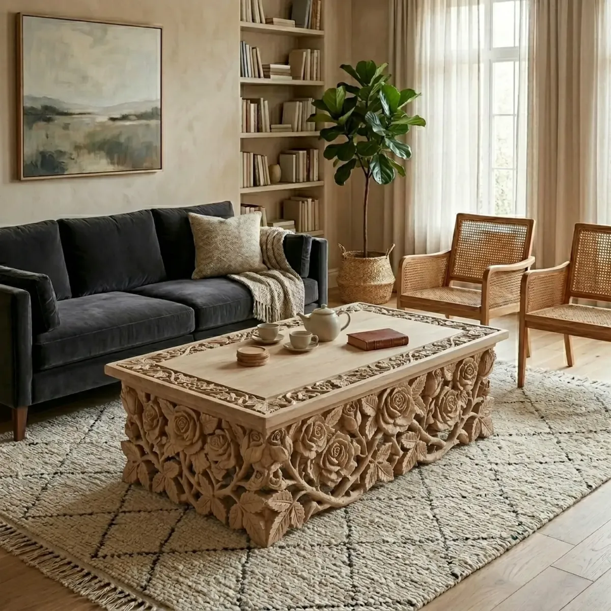 Wooden Rose Coffee Table Romantic Floral Shape Decorative Living Room Decor