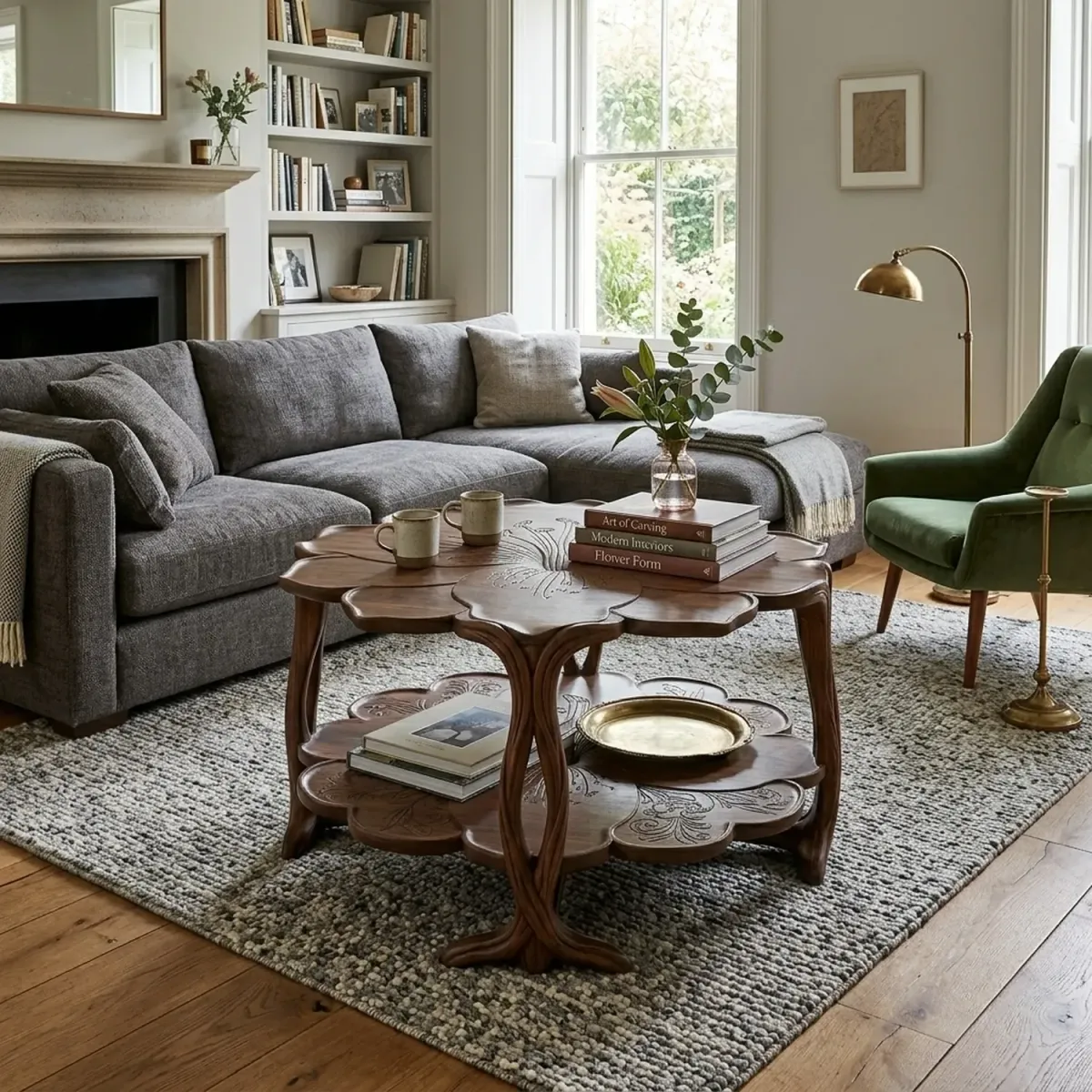 Wooden Lily Coffee Table Elegant Flower Silhouette Living Room Furniture