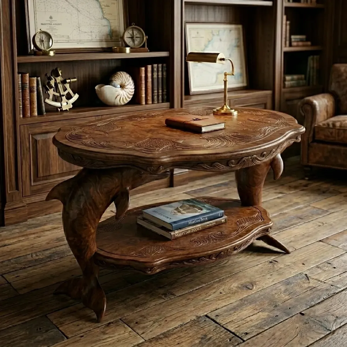 Wooden Dolphin Coffee Table Nautical Ocean Silhouette Living Room Furniture