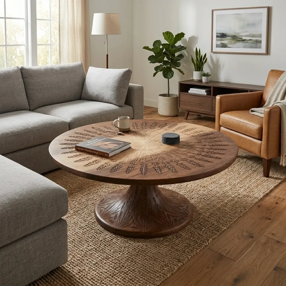 Wooden Wheat Coffee Table Rustic Botanical Silhouette Unique Accent Table