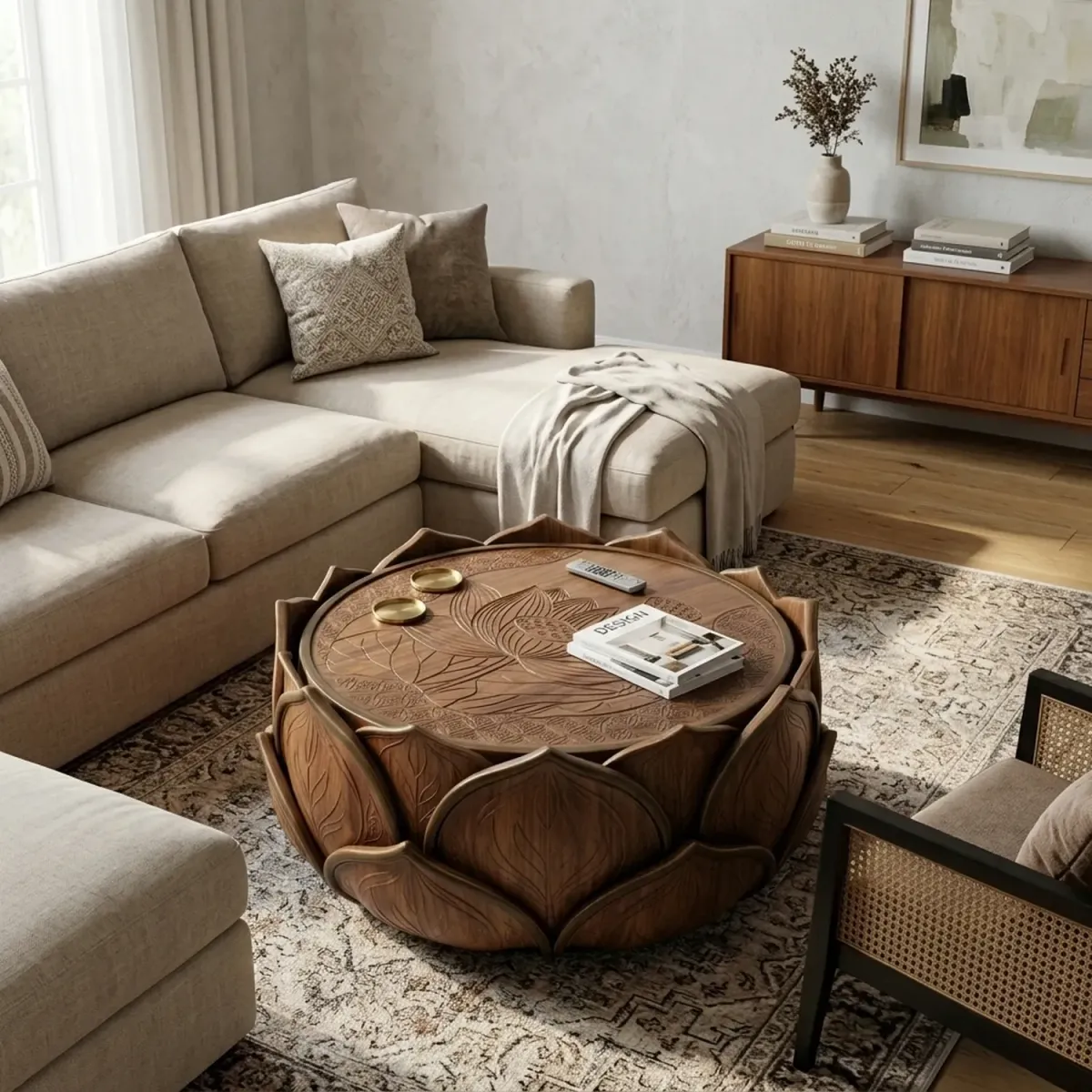 Wooden Lotus Coffee Table Zen Style Flower Silhouette Living Room Furniture